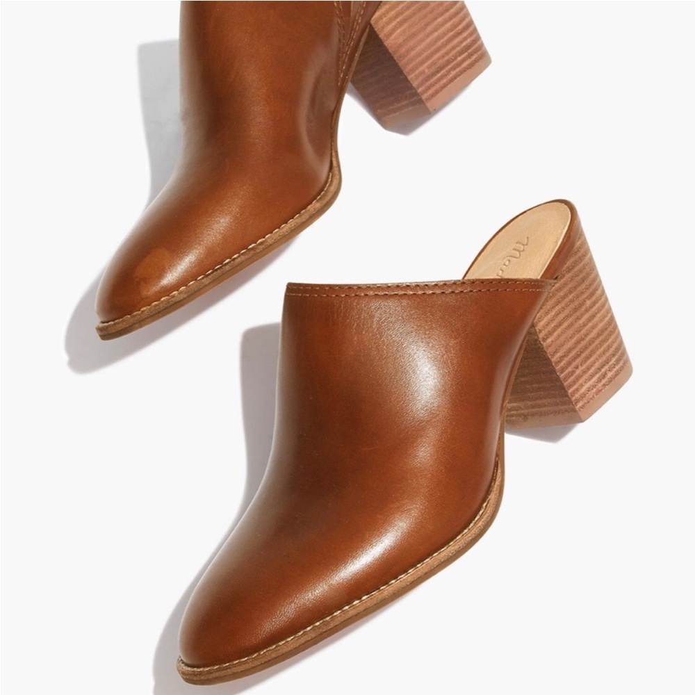 Leather Block Heel Mules in Cognac